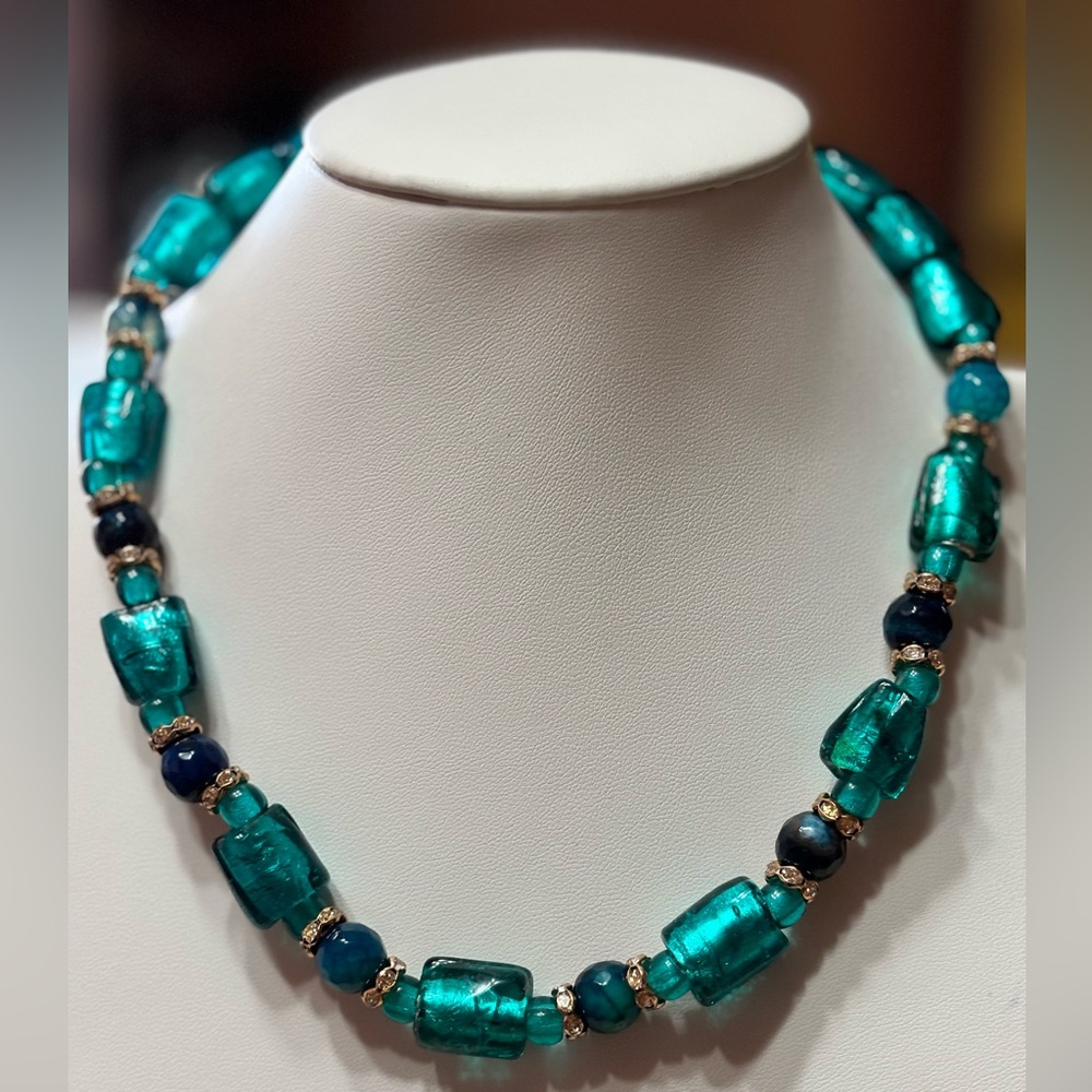 Teal Lamp Work and Rhinestone Beaded Necklace 18 inches